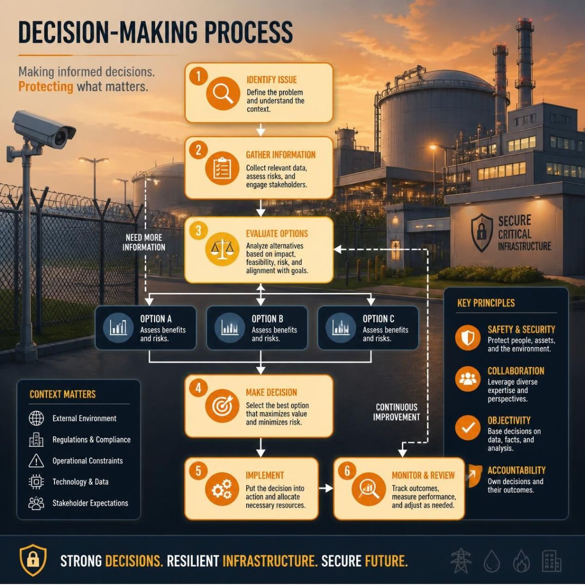 A six-step decision cycle for protecting critical infrastructure: identify the issue, gather information, evaluate options, decide, implement, then monitor and review